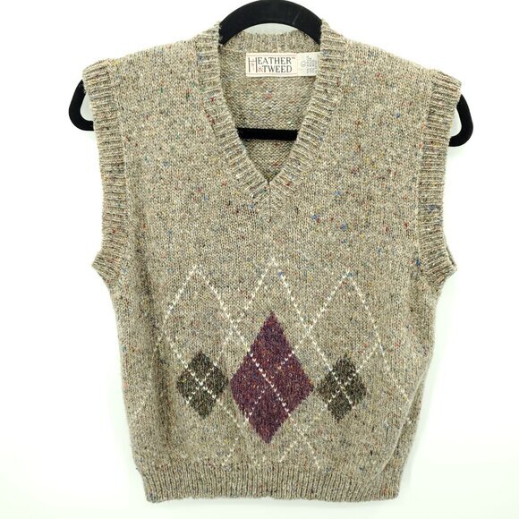 VTG Heather & Tweed Argyle Print V-Neck Sweater Vest L Tan/Brown - Picture 1 of 16